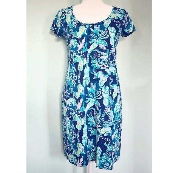 Lilly Pulitzer Beacon T-Shirt Dress Tidal Wave Blue Lemurs Print Women’s Size S - Picture 6 of 11